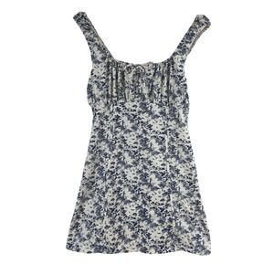 H M Divided Dress Mini A Line Blue White Floral Print Square Neck Women's M